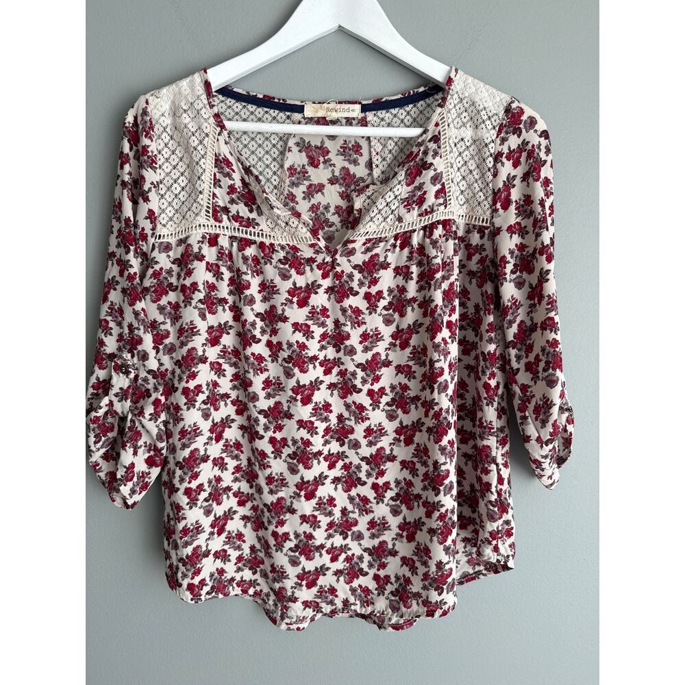 Rewind Blouse Size S Ivory Floral Rose Print Lace Yoke Cottagecore Romantic Boho
